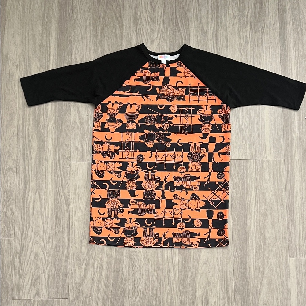 NWT LuLaRoe Kids Orange Black Halloween Graphic Raglan Tee Size 14